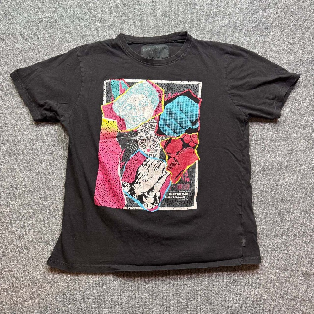 Soul Star Graphic T Shirt Men Medium Black Collage Print Short Sleeve Casual Top